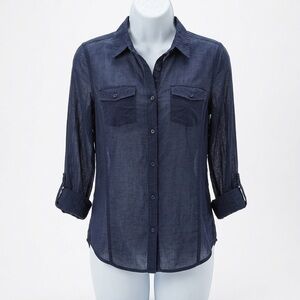 Club Monaco Navy Blue Sheer Utility Button Down Blouse Shirt Women’s Medium